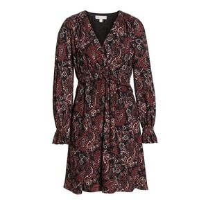 Michael Michael Kors Red Black Paisley V-Neck Long‎ Sleeve Mini Dress Size M